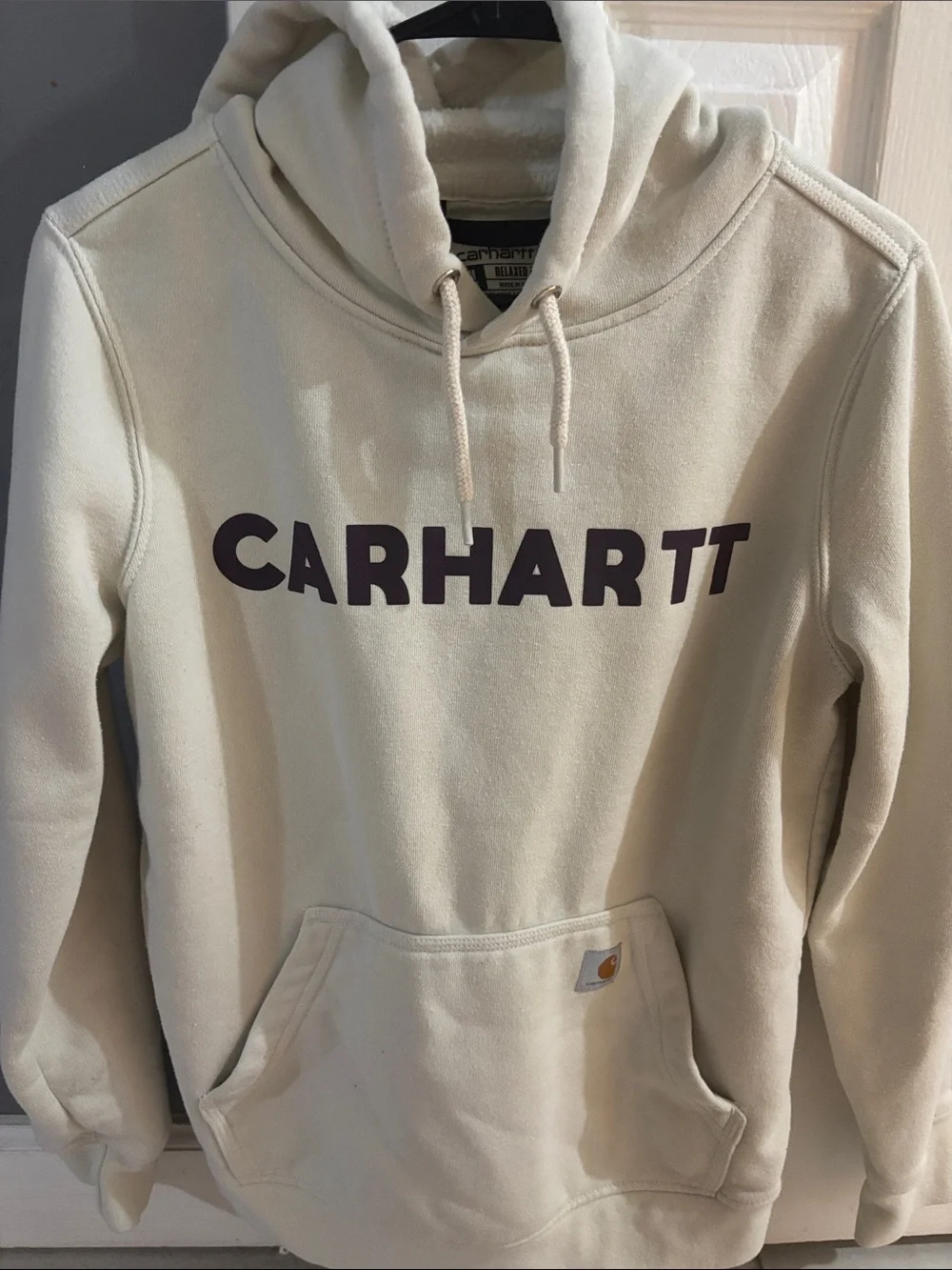 Carhartt Men's Cream Crewneck Sweatshirt with Dark Chest Logo